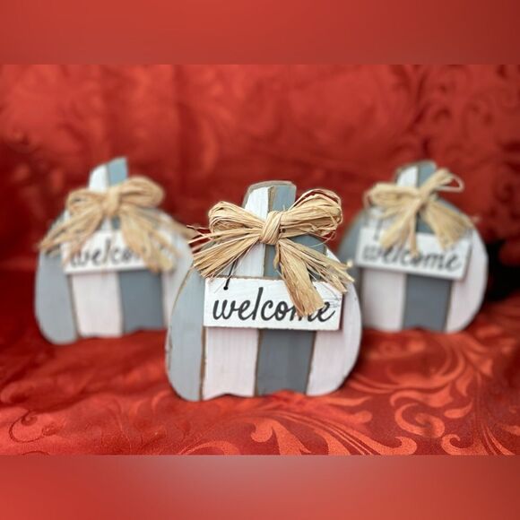 “Welcome” NEW All to Fall Rustic Farmhouse Style Wood Pumpkin - Picture 7 of 7